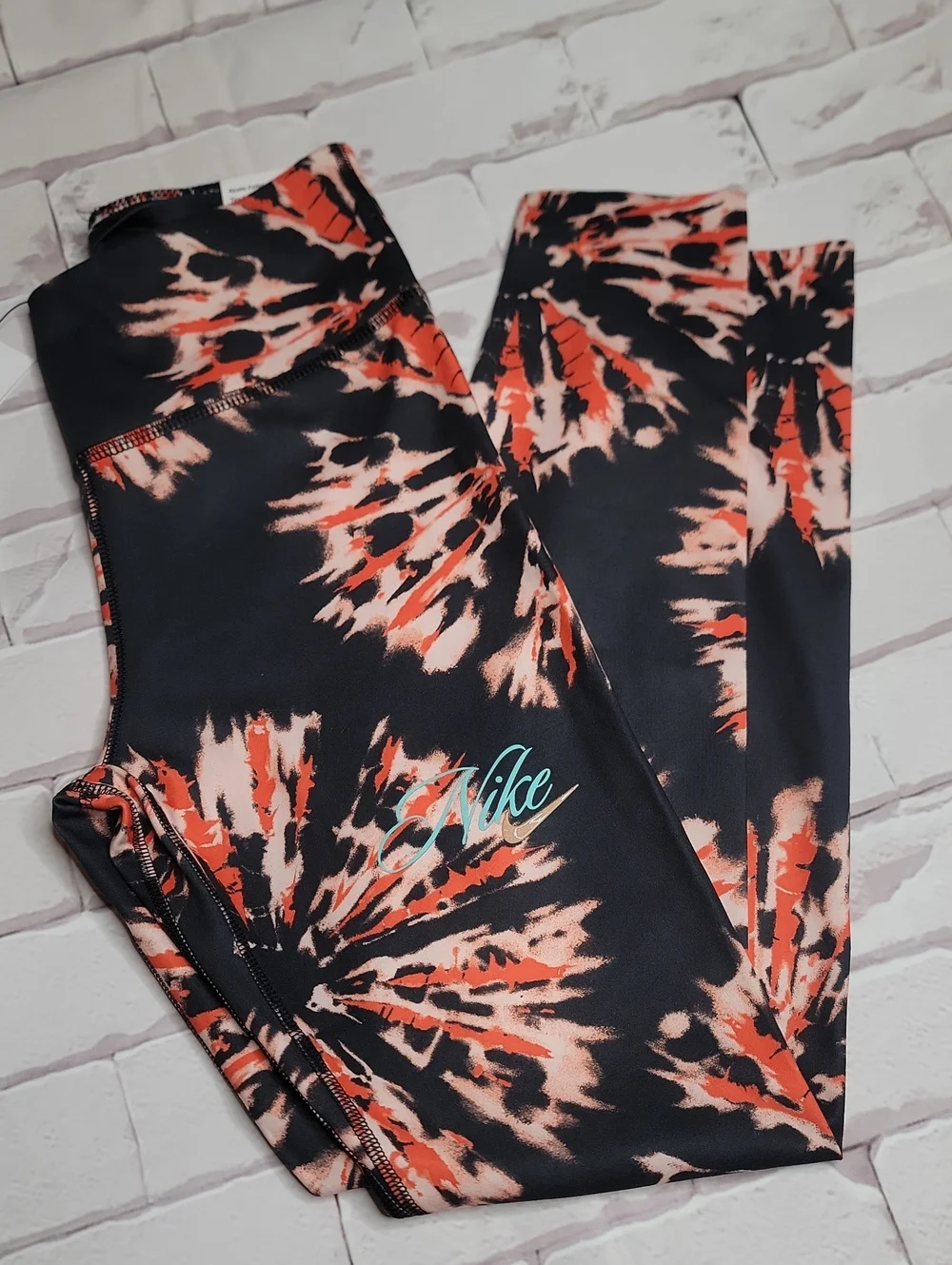 Nike Women's Black Leggings with Coral and Light Pink Tie-Dye